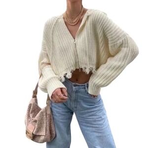 Main Strip Boho Cropped Chunky Zip Up Frayed Hoodie Beige Small/Medium